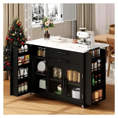 Produktbild von Kücheninsel mit Arbeitsplatte, Kücheninsel Freistehend mit 5 Rädern, Küchenschrank mit Gewürzregal und Schublade, 120x45x90 cm, Schwarz