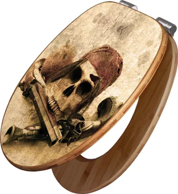 A toilet seat with a pirate-themed design.