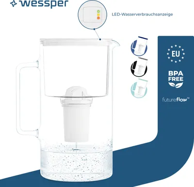 Obrázek produktu pro Filtrační konvice z borosilikátového skla Wessper D2 FutureFlow 3 l | Filtrační konvice Wessper 3l | 1x filtrační vložka pro vodu
