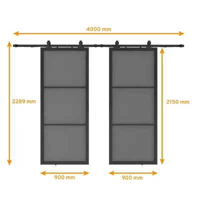 Produktbild von inova Doppelflügelige Loft-Glasschiebetür 1800 x 2150 mm, 3 Felder Grauglas, Stahlrahmen Schwarz, Komplettset, Softclose beidseitig