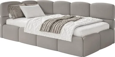 Produktbild von Selsey Cloudy – Jugendbett 120 cm, Bettkasten, Chenille, Kopfteil links, Hellbraun