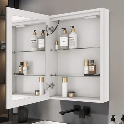 Produktbild von EMKE Spiegelschrank mit LED Beleuchtung 400 x 600 x 145mm mit beschlagfrei und 3 dimmbar Lichtfarbe, 1 Tür Badschrank mit Steckdose und Touchschalter