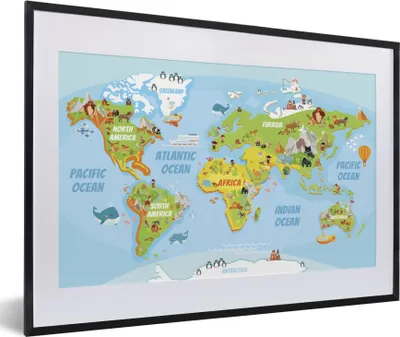 Produktbild von MuchoWow® MuchoWow® Gerahmtes Poster Weltkarte - Kinder - Tiere 60x40 cm - Poster mit zchwarzem Bilderrahmen - Schlafzimmer - Plakat in Rahmen - Drucken