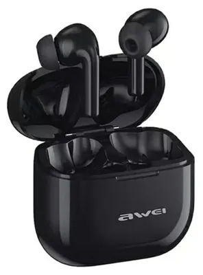 A pair of black Awei T1 Pro Bluetooth earphones are shown inside their charging case.