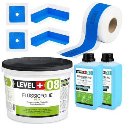 Obrázek produktu pro Hydroizolační sada Tekutá fólie 12 kg Těsnicí páska 10mb Základní nátěr Sprcha v koupelně - LEVEL+ SET303