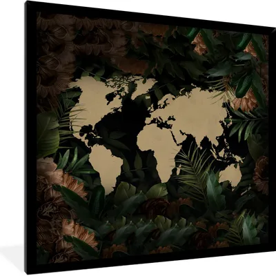 Produktbild von MuchoWow® MuchoWow® Gerahmtes Poster Weltkarte - Pflanzen - Blumen 40x40 cm - Poster mit zchwarzem Bilderrahmen - Mit Rahmen - Wanddekoration Schlafzimmer