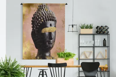 Obrázek produktu pro MuchoWow® Tapiserie Věšení na zeď Buddha - Hlava - černá 180x180 Tapiserie dekorace Nástěnná šála