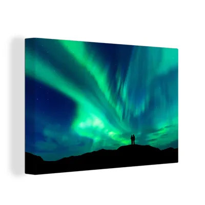 Zdjęcie produktu dla OneMillionCanvasses® - Wydruki na płótnie - 150x100 cm, Northern Lights - Silhouette - Mountain, dekoracja ścienna z grafiką ścienną
