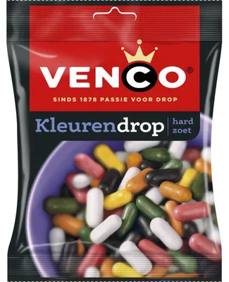Zdjęcie produktu dla Venco Kleurendrop Karmelowe Cukierki Lukrecjowe 285g - Kolorowe, owocowe kostki lukrecji