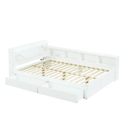 Produktbild von Flieks Jugendbett 140x200cm mit Ladefunktion und Led, Klassisches Bett Doppelbett mit 2 Schubladen und Regal, Holzbett Stauraumbett, Weiß