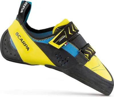 Vapor V Kletterschuhe von Scarpa in Gelb und Schwarz mit zwei Klettverschlüssen.
