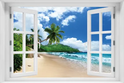 Produktbild von Wallario Poster mit Fenster-Illusion: Urlaub auf den Seychellen unter Palmen am Sandstrand, Größe: 61 x 91,5 cm (Maxiposter)