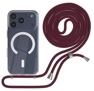 Produktbild von EAZY CASE - Handykette kompatibel mit Apple iPhone 17 Pro, Kette zum Umhängen, Handyhülle stoßfest, Silikonhülle mit Band, Transparente Hülle, Band in Rot