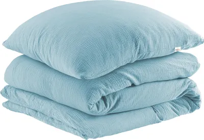 A stack of folded blue bedding.