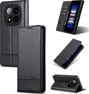 A collage of images showing a black leather phone case from different angles, including its interior card slots and stand feature.