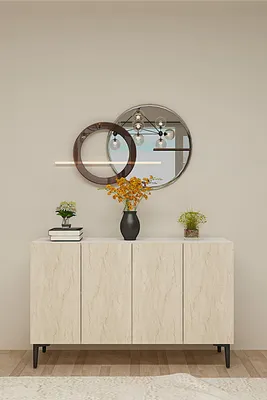 Produktbild von Skye Decor, Moderner Konsolentisch in Weiß und Travertin, 120 x 79 x 32 cm | 100% melaminbeschichtete Spanplatte, 18 mm dick | Wandmontierbar, zahlreiche Regale, elegantes Design.