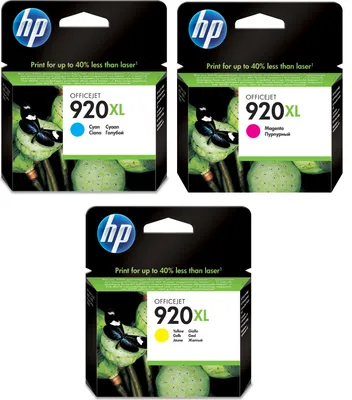 Three HP OfficeJet 920XL ink cartridges in their original packaging.
