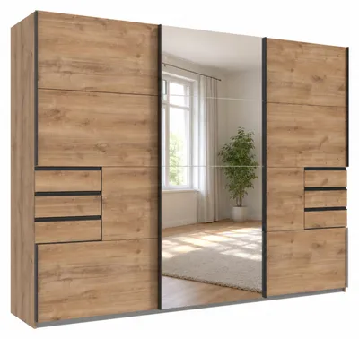 Produktbild von Schwebetürenschrank Kleiderschrank 3-türig 270 cm Eiche Nachbildung, Spiegel u. Schubkästen / 22612