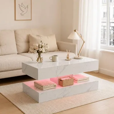 Produktbild von ProximaX Couchtisch 100x50 cm mit Marmoroptik, RGB-LED und Stauraum