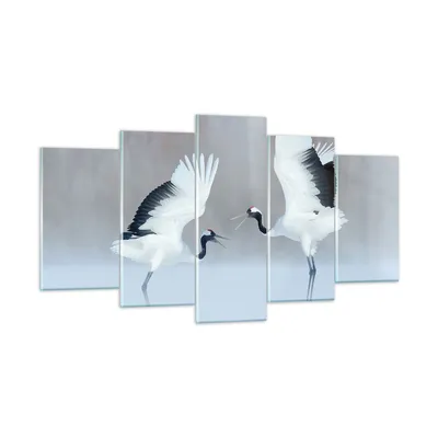 Produktbild von Bilder auf glas - 5 Teile - Kraniche kämpfen tanzen - 160x85cm - Glasbilder - Wandbilder - Bilder - zum Aufhängen bereit - Wanddekoration aus Glas - Glas Bilder - Wandbild auf Glas - GEA160x85-4497
