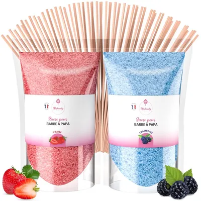 Produktbild von Zuckerwatte Zuckerwattezucker Zuckerwattestäbchen - 2 x 160 g - Erdbeere und Himbeere - Mit 10 Stäbchen