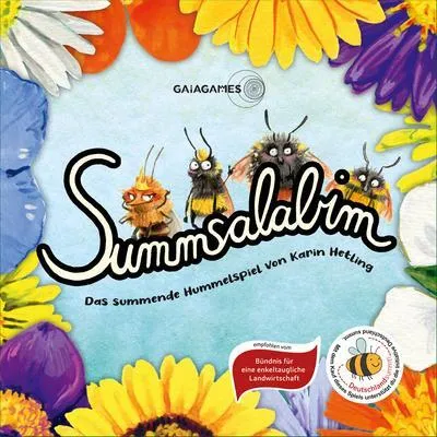 The image is a marketing image for a board game called Summsalabim, featuring cartoon bees and flowers.