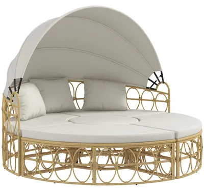 Image de Ensemble de mobilier de jardin en coques, canapé deux places – avec capote rabattable et table basse, idéal pour le jardin et la terrasse, couleur crème