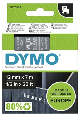 Zdjęcie produktu dla DYMO D1 oryginalne etykiety | rolka 12 mm x 7 m | biały nadruk na przezroczystym | samoprzylepne etykiety do drukarek etykiet LabelManager, Biały na przezroczystym, Poliester, Belgia, -18 - 90 °C, DYMO, LabelManager, LabelWriter 450 DUO