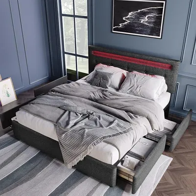 Obrázek produktu pro Postel s čalouněnou konstrukcí, rozměry 140 x 200 cm, s LED osvětlením, 4 zásuvkami, nastavitelnou výškou opěrky hlavy, potažená šedou lněnou tkaninou, úložná postel s roštem