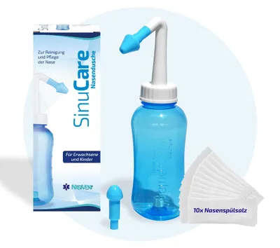 Produktbild von Nasivent SinuCare Nasendusche Starter Set mit 10 Beuteln Nasenspülsalz – sanfte Nasenreinigung bei Allergien, Schnupfen, Pollen & Sinusitis – Spülflasche mit 2 Aufsätzen – BPA-frei