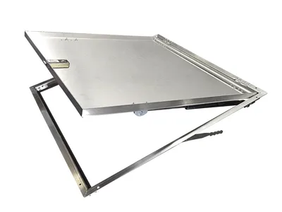 A stainless steel access panel with a frame and shock absorbers, shown from a diagonal angle against a white background.