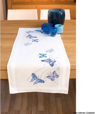Produktbild von Vervaco Tischläufer "Blaue Schmetterlinge", Stickbild vorgezeichnet
