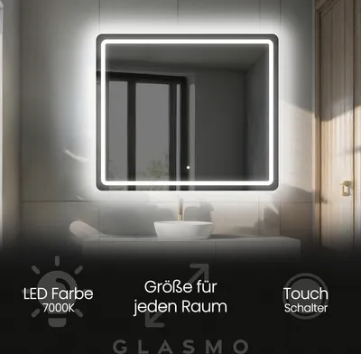 Produktbild von Wandspiegel mit Beleuchtung 70x70 cm Siena - Quadratisch Abgerundet Badspiegel mit LED Beleuchtung - Kaltweiß 7000K - Badezimmerspiegel Lichtspiegel mit Touch Schalter