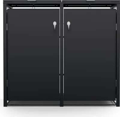Produktbild von Blumfeldt BinSafe Mülltonnenbox – Wetterfest Verzinkter Stahl, Passend für 60L/120L/240L, Schloss, Modernes Design, 2er Mülltonnenverkleidung, Schwarz