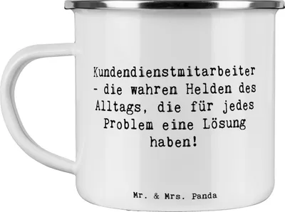 Produktbild von Mr. & Mrs. Panda Emaille Tasse Spruch Kundendienstmitarbeiter Helden - Weiß - Geschenk, Teetasse, Becher, liebevolle Geschenke, handgefertigt, Bedanken, Wertschätzung