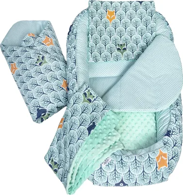 Produktbild von Babynestchen 5tlg Babynest Babydecke Steckkissen Kuschelnest Einschlagdecke Baumwolle 100x60x15 Wald mit Minzer Minky