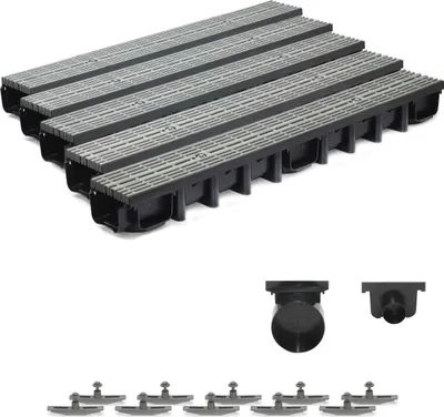 Produktbild von 5m Entwässerungsrinne für modulares System A15 98mm, komplett Stegrost Kunststoff, Grau Line