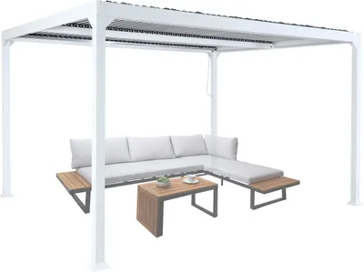 Produktbild von Alu pergola HWC-L41, lamelové zastrešenie terasy, robustný 8cm kovový rám 3x3,7 m ~ biela
