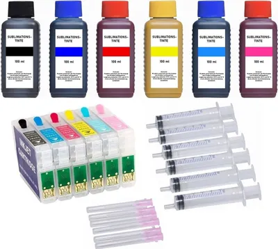 Image de Cartouches d'encre rechargeables compatibles avec Epson T0791, T0792, T0793, T0794, T0795, T0796 - 6 cartouches rechargeables avec puces de réinitialisation automatique + 600 ml d'encre à sublimation noir cyan magenta jaune light-cyan light-magenta pour Epson Stylus Photo 1400, 1500, Epson Stylus P50, PX650, PX660, PX700W, PX710W, PX720WD, PX730WD, PX800FW, PX810FW, PX820FWD, PX830FWD
