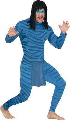 Produktbild von Tierische Abenteuer Wildkatze Blauer Look Fasching Kostümanzug Fantasie Tiger Karneval Party Tierfilm Inspirieren Stripedesign Kostümoberteil Ganzkörperanzug Spaß Kostümevents, Größe: 48 - 50 (M) Farbe: Blau