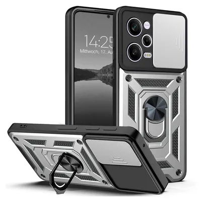 A phone case with a ring holder and camera cover is displayed from multiple angles.