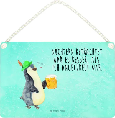 Produktbild von Mr. & Mrs. Panda Schild Pinguin Bier DIN A4 - Eisblau - Geschenk, Türschild, , Holzschild, Beschwippst, Feierabend, wandtafel, Angetüdelt, holzbild, Wandschild