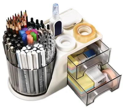 Obrázek produktu pro Otočný stolní organizér se dvěma zásuvkami, držák na pera a další kancelářské doplňky s 4 přihrádkami + zásuvkou, vhodné pro kancelářské, domácí a umělecké potřeby
