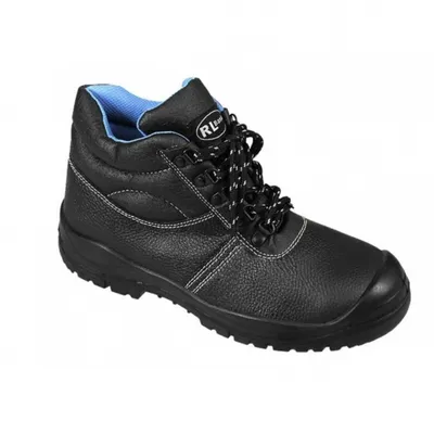 A black work boot with blue lining and black and white laces, shown against a white background.