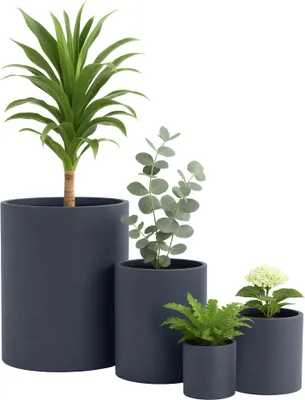 Produktbild von Robuster, leichter Fiberclay Pflanzkübel Set, 4 verschiedene Größen, wetterfest, steinähnliche Optik, für Innen- & Außenbereich