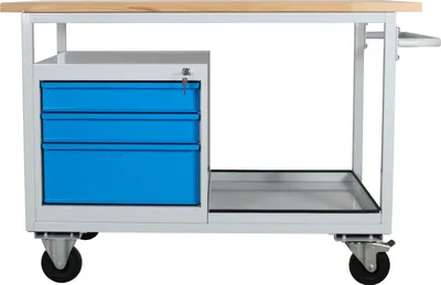 Produktbild von Mobile Werkbank Light Rhino mit Ablagefach + 3 Schubladen | HxBxT 85x130x60cm | 2 Lenkrollen (mit Bremse) und 2 Bockrollen | Traglast 300kg | Lichtgrau/Lichtblau
