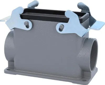 Produktbild von HARTING Han 16B Sockelgehäuse hoch, 2xM40 seitlicher Kabelabgang, mit 2 Querbügeln Verschraubung M40 Klemmbereich