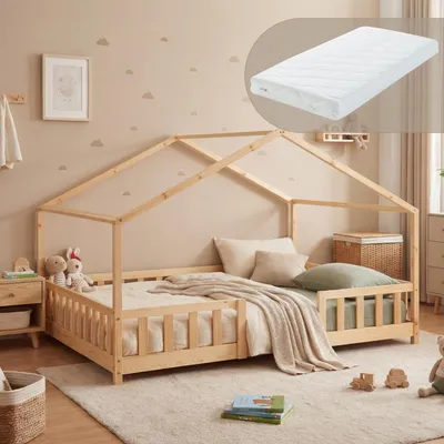 Image de Lit d'enfant 'Treviolo' avec matelas et protection contre les chutes 140x200cm bois naturel