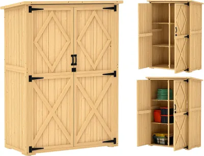 Image de Armoire de jardin en bois de sapin, abri de jardin en bois avec double porte, toit en bitume, couleur marron clair | pieds réglables | 20 kg | 116,5 x 57 x 167 cm