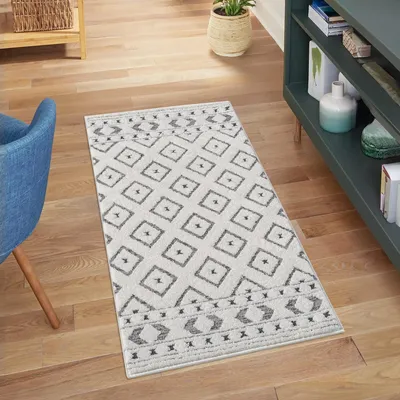 Produktbild von Kurzflor Teppich Grau, Creme - 80x150 cm - Wohnzimmer-Teppiche 3D-Effekt - Raute-Muster